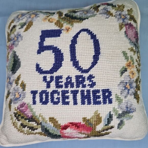 Golden Anniversary Pillow Gift Needlepoint 50 Years Together Vintage 9'' x 9'' - Picture 6 of 7